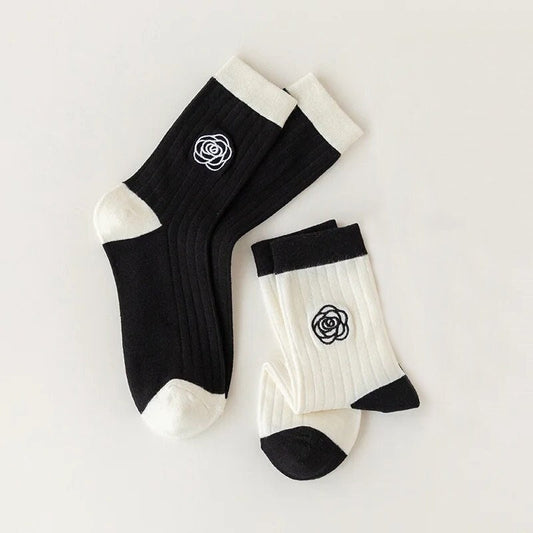 MINI ROSE SOCKS / Embroidered Flower / Cute Pretty Aesthetic / Black White / Women Gift / Unique / Solid Colors Ribbed / Minimal Kawaii Ins