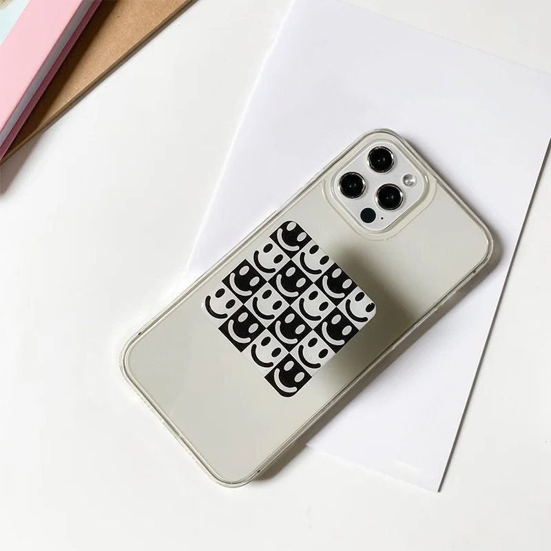 MOD PATTERNED / Phone Grip Socket Stand / Smiley Face / Black White / Unique / Flower iPhone Charm Accessory / Fun Pop Art / Cute Aesthetic