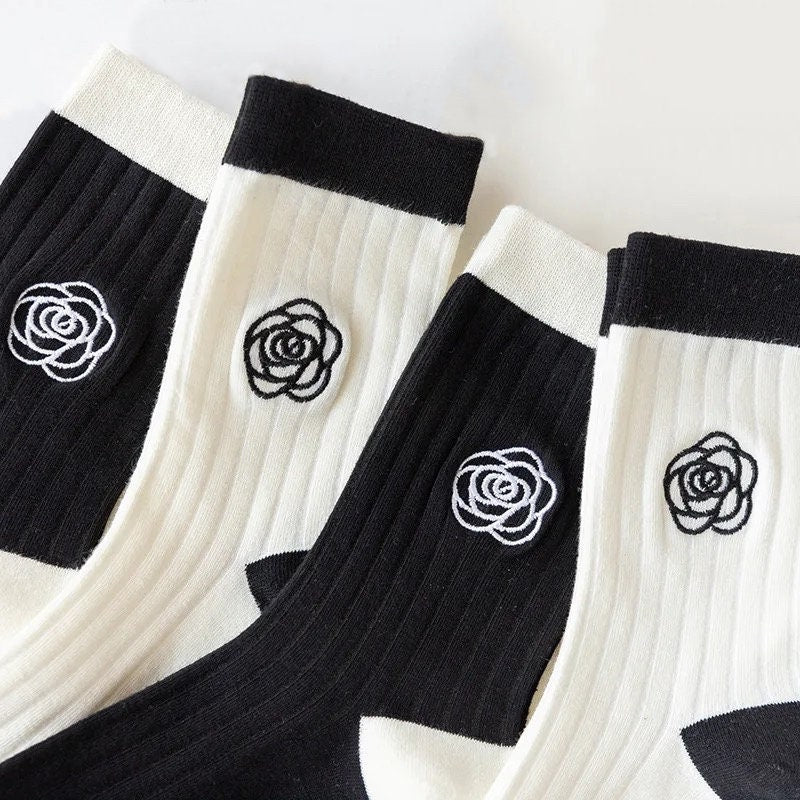 MINI ROSE SOCKS / Embroidered Flower / Cute Pretty Aesthetic / Black White / Women Gift / Unique / Solid Colors Ribbed / Minimal Kawaii Ins