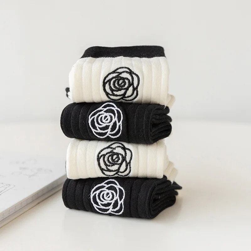 MINI ROSE SOCKS / Embroidered Flower / Cute Pretty Aesthetic / Black White / Women Gift / Unique / Solid Colors Ribbed / Minimal Kawaii Ins