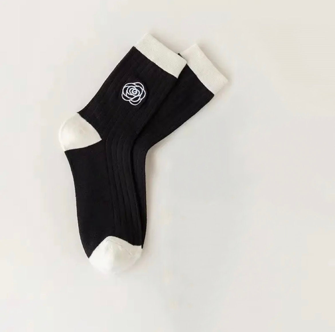 MINI ROSE SOCKS / Embroidered Flower / Cute Pretty Aesthetic / Black White / Women Gift / Unique / Solid Colors Ribbed / Minimal Kawaii Ins