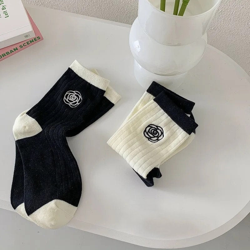 MINI ROSE SOCKS / Embroidered Flower / Cute Pretty Aesthetic / Black White / Women Gift / Unique / Solid Colors Ribbed / Minimal Kawaii Ins