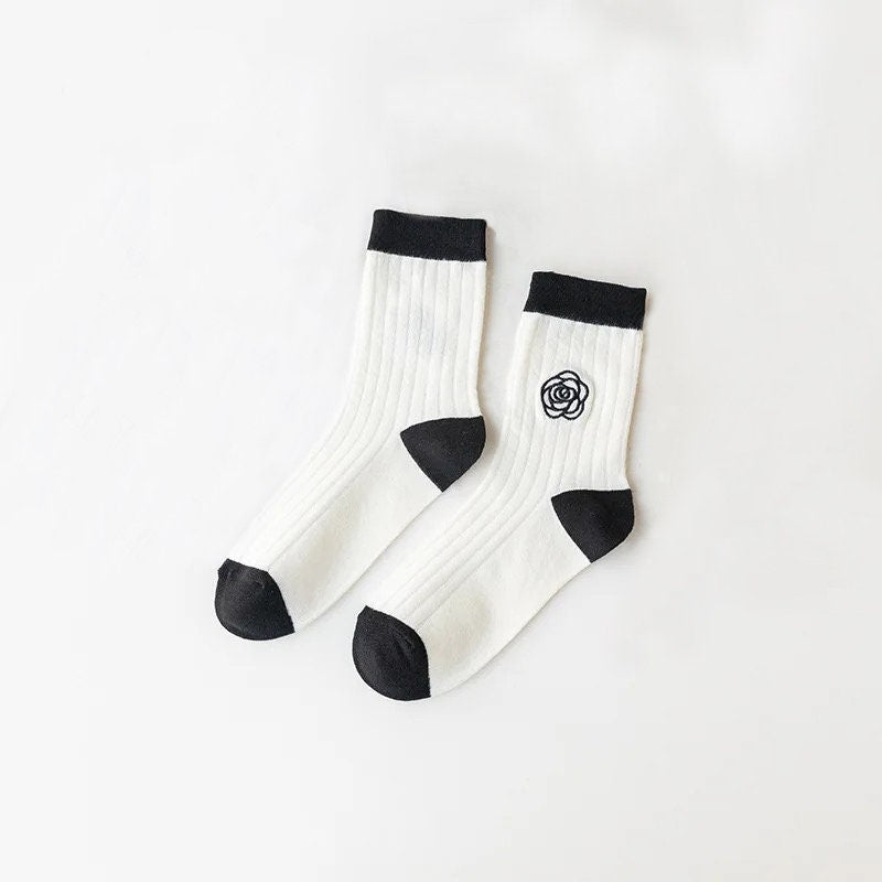 MINI ROSE SOCKS / Embroidered Flower / Cute Pretty Aesthetic / Black White / Women Gift / Unique / Solid Colors Ribbed / Minimal Kawaii Ins