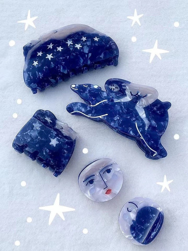 MOON FACES / Hair Clip / Claw / Barrette / Full Crescent Moon / Stars / Celestial / Accessory / Unique / Cute / Magical / Women Girls / Gift