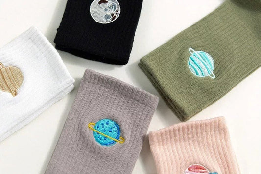 MOON PLANET SOCKS / Outer Space / Cosmos / Celestial / Embroidered / Saturn / Crew / Colorful / Fun / Graphic / Aesthetic / Women / Solid