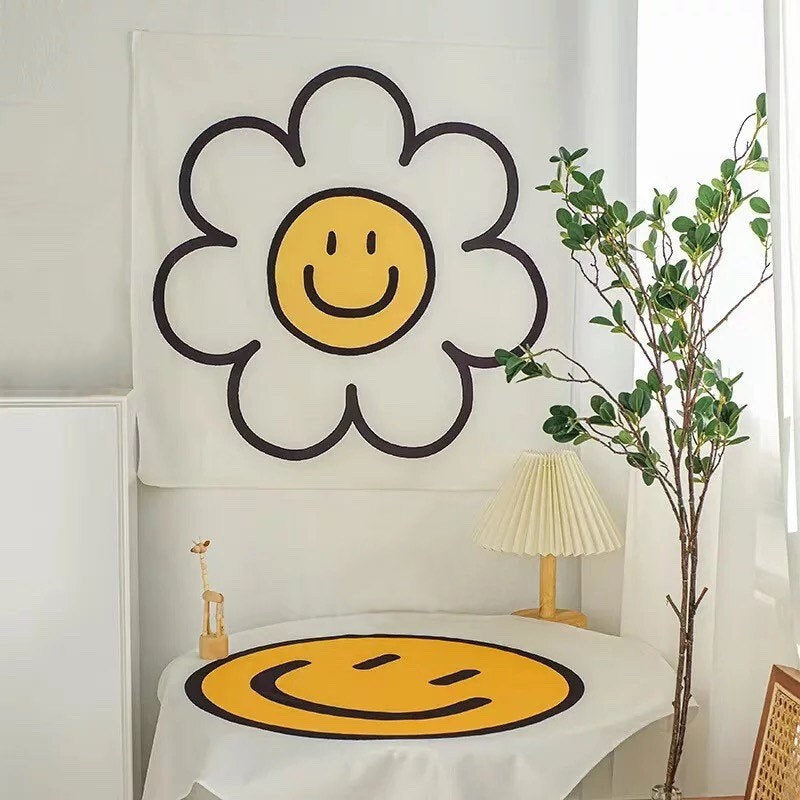 SMILEY FLOWER TAPESTRY / Wall Hanging / Aesthetic Room Decor / Retro / 60s 70s 90s Art / Groovy Hippie / Smiley Face / Floral / Teen Gift