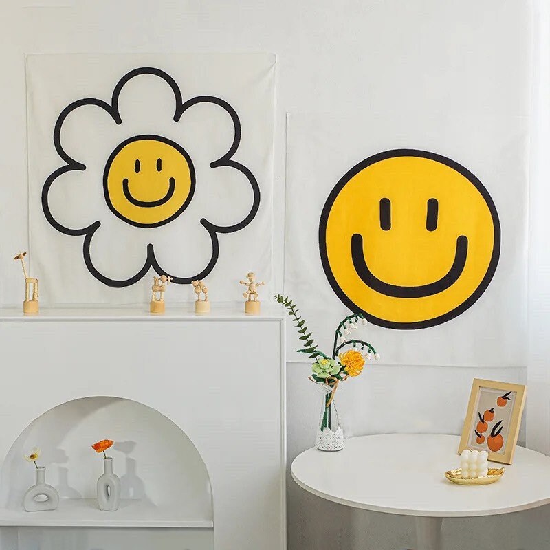 SMILEY FLOWER TAPESTRY / Wall Hanging / Aesthetic Room Decor / Retro / 60s 70s 90s Art / Groovy Hippie / Smiley Face / Floral / Teen Gift