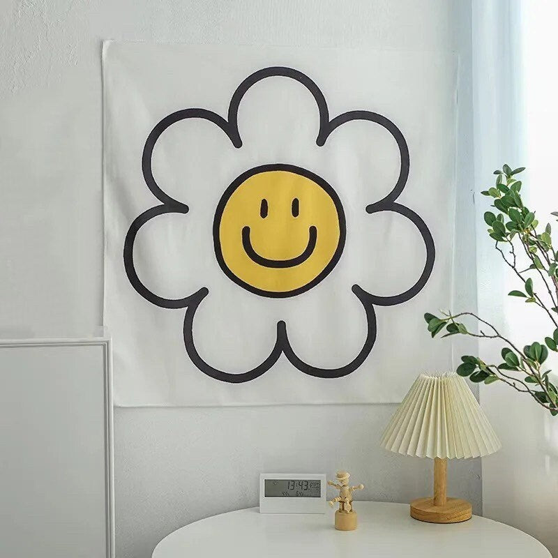 SMILEY FLOWER TAPESTRY / Wall Hanging / Aesthetic Room Decor / Retro / 60s 70s 90s Art / Groovy Hippie / Smiley Face / Floral / Teen Gift