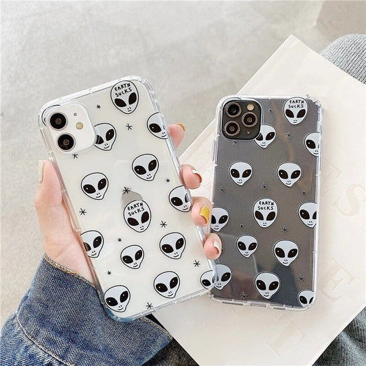 ALIEN PHONE CASE / Black & White / Cartoon / iPhone / Aesthetic / Pattern / Trendy / Minimal / Fashion / Gift / Transparent / Earth Sucks