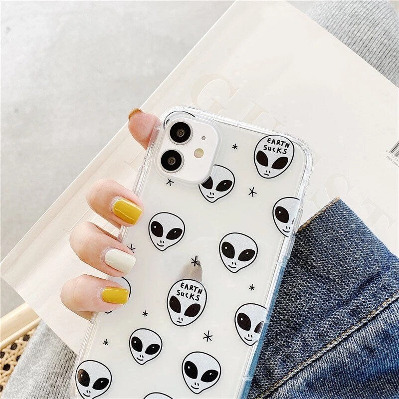 ALIEN PHONE CASE / Black & White / Cartoon / iPhone / Aesthetic / Pattern / Trendy / Minimal / Fashion / Gift / Transparent / Earth Sucks