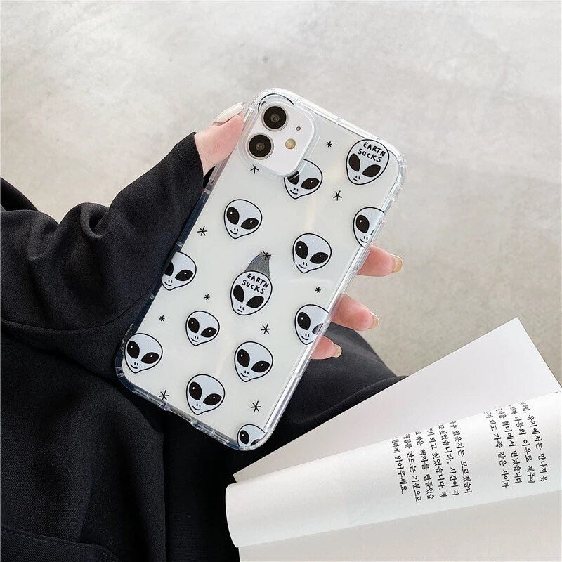 ALIEN PHONE CASE / Black & White / Cartoon / iPhone / Aesthetic / Pattern / Trendy / Minimal / Fashion / Gift / Transparent / Earth Sucks