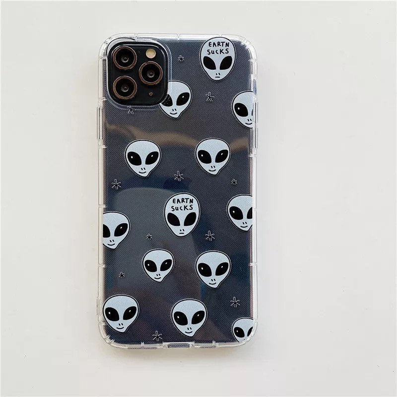 ALIEN PHONE CASE / Black & White / Cartoon / iPhone / Aesthetic / Pattern / Trendy / Minimal / Fashion / Gift / Transparent / Earth Sucks