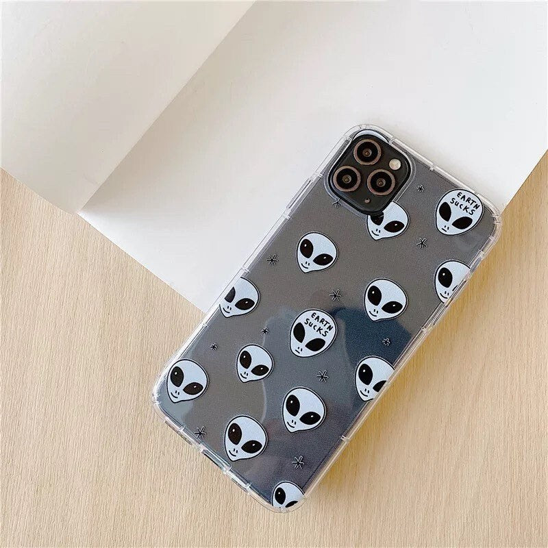 ALIEN PHONE CASE / Black & White / Cartoon / iPhone / Aesthetic / Pattern / Trendy / Minimal / Fashion / Gift / Transparent / Earth Sucks