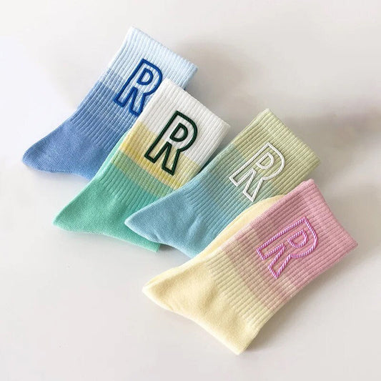 R* INITIAL SOCKS / Colorful / Gradient / Rainbow / Fun / Aesthetic / Multi Color / Crew / Teen Gift / Women / Retro Style / Unique / Pastels