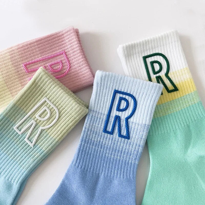 R* INITIAL SOCKS / Colorful / Gradient / Rainbow / Fun / Aesthetic / Multi Color / Crew / Teen Gift / Women / Retro Style / Unique / Pastels