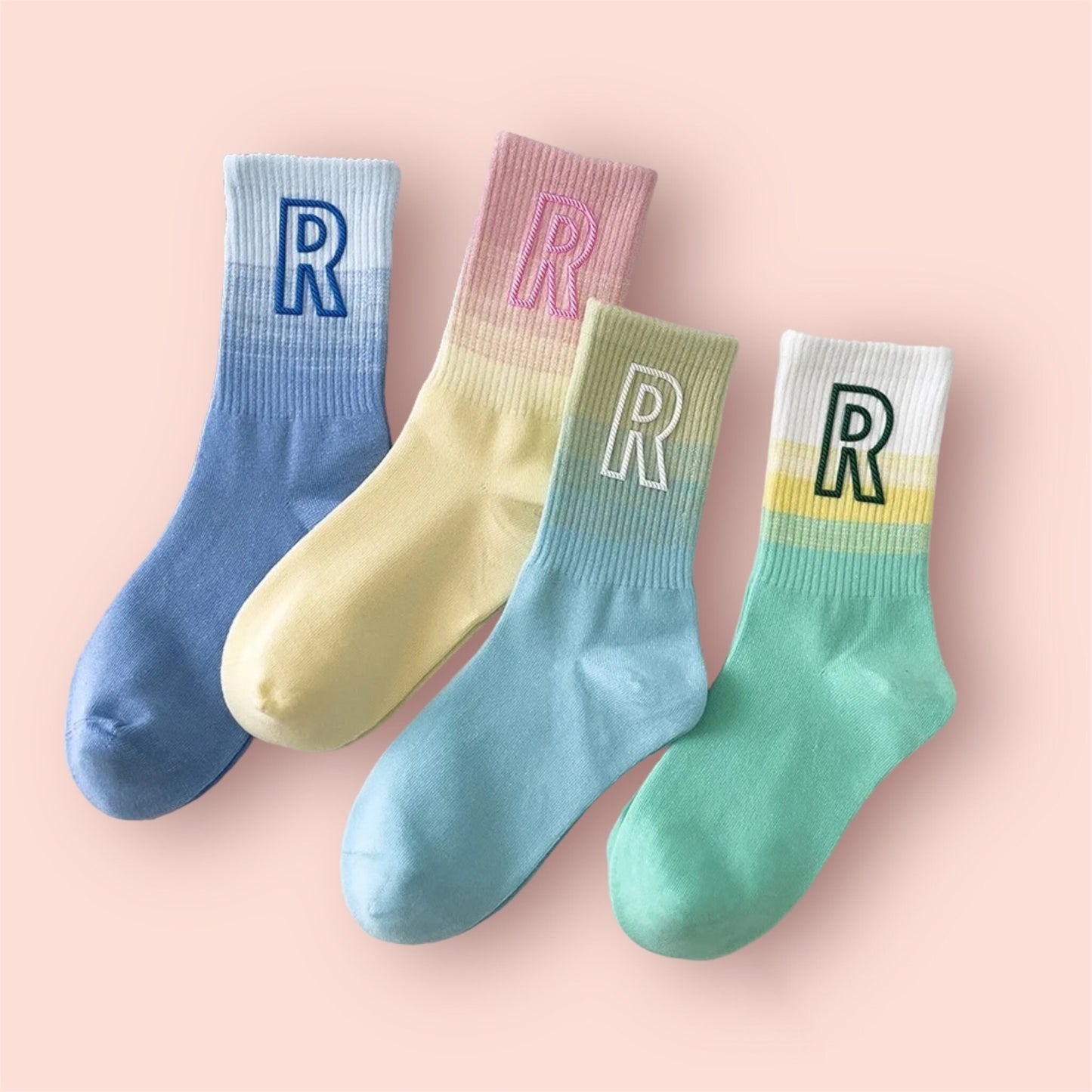 R* INITIAL SOCKS / Colorful / Gradient / Rainbow / Fun / Aesthetic / Multi Color / Crew / Teen Gift / Women / Retro Style / Unique / Pastels