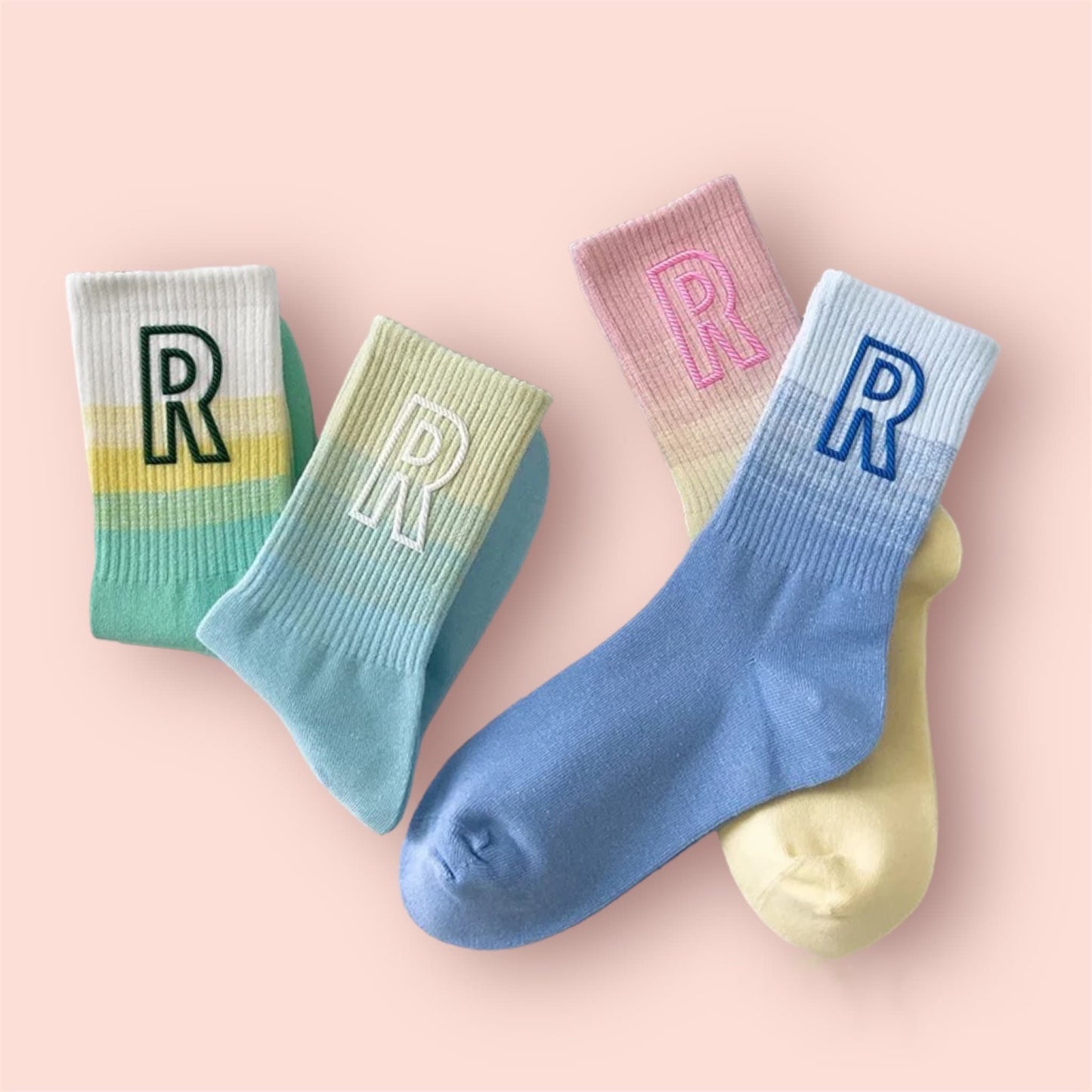 R* INITIAL SOCKS / Colorful / Gradient / Rainbow / Fun / Aesthetic / Multi Color / Crew / Teen Gift / Women / Retro Style / Unique / Pastels