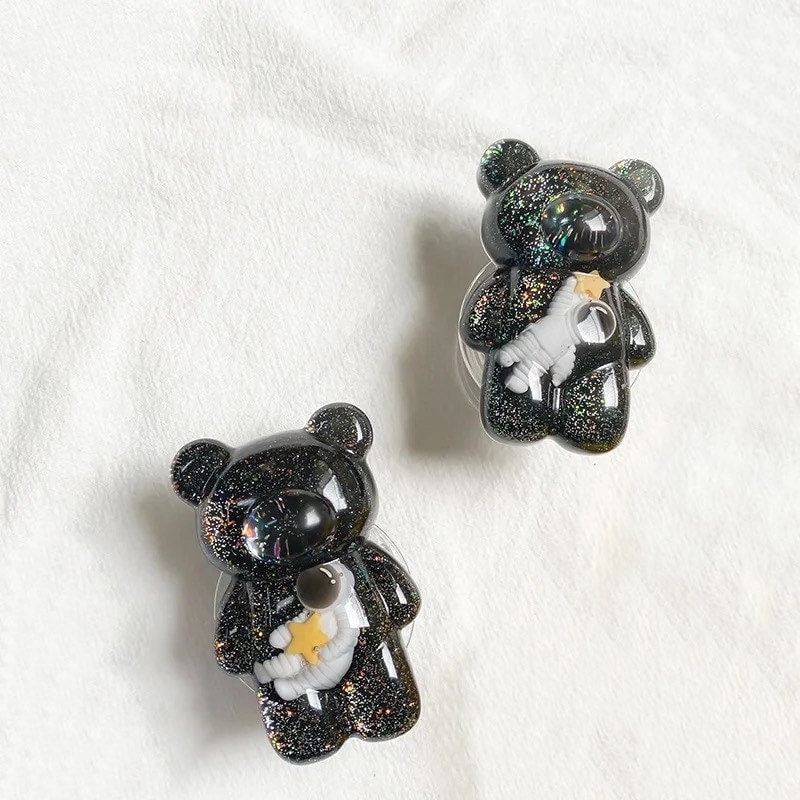 SPACE BEARS / Phone Grip / Socket Stand / Astronaut / Galaxy Stars / Accessories / Black Glitter Sky / Gummy Bear Charm / iPhone Pop Kawaii