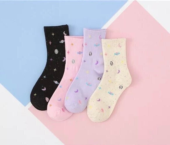 OUTER SPACE SOCKS / Colorful / Fun / Graphic / Patterned / Planets / Sun / Crescent Moon / Stars / Aesthetic / Teen / Gift / Women / Unique