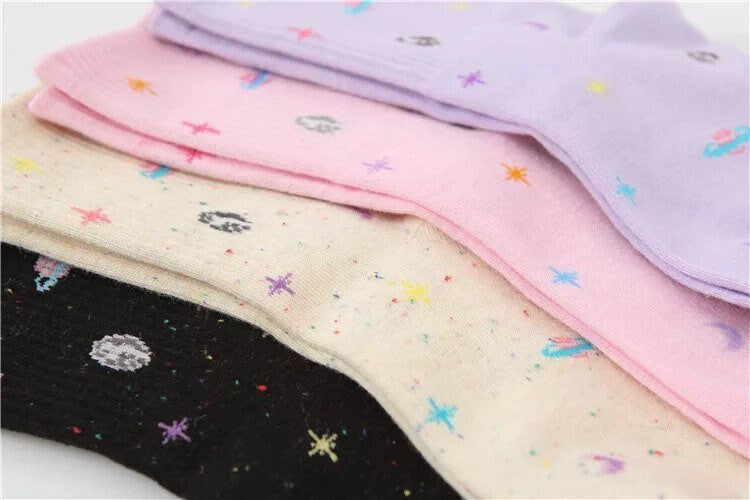 OUTER SPACE SOCKS / Colorful / Fun / Graphic / Patterned / Planets / Sun / Crescent Moon / Stars / Aesthetic / Teen / Gift / Women / Unique