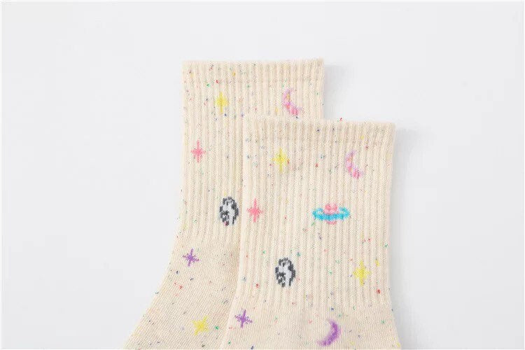 OUTER SPACE SOCKS / Colorful / Fun / Graphic / Patterned / Planets / Sun / Crescent Moon / Stars / Aesthetic / Teen / Gift / Women / Unique