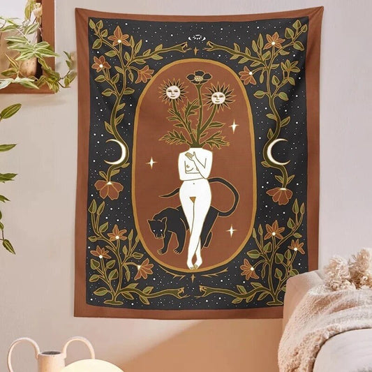 GIRL + PANTHER TAPESTRY / Wall Hanging / Naked Woman / Room Decor / Flowers / Aesthetic Art / Crescent Moon / Starry Sky / Floral / Gypsy