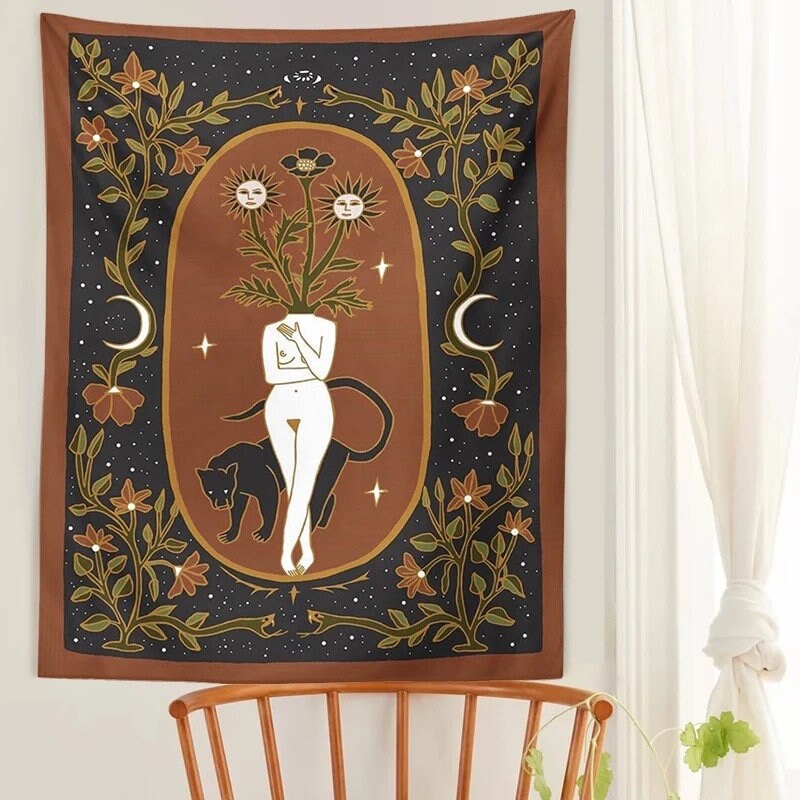 GIRL + PANTHER TAPESTRY / Wall Hanging / Naked Woman / Room Decor / Flowers / Aesthetic Art / Crescent Moon / Starry Sky / Floral / Gypsy