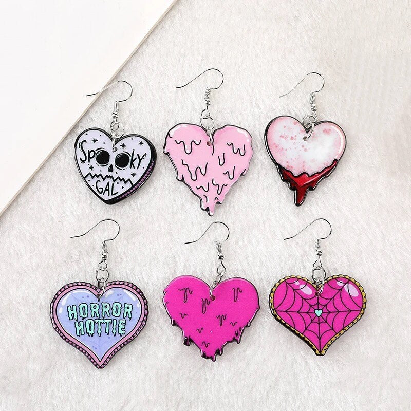 SPOOKY GAL / Dangle Statement Earrings / Melty Hearts / Spooky Halloween Horror Hottie / Cute Pink / Unique Fun Punk / Bff Gift Scary Blood