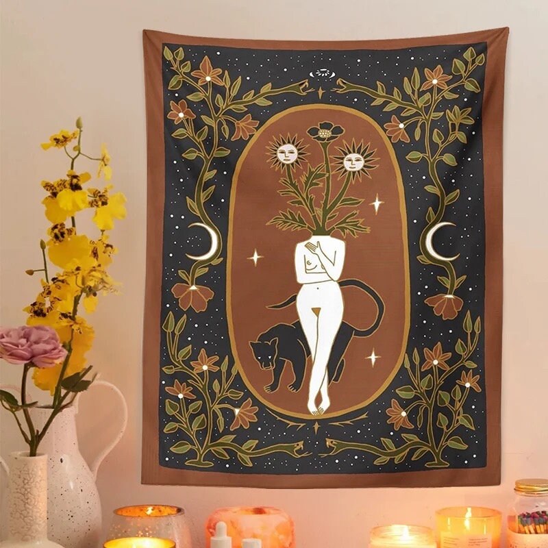 GIRL + PANTHER TAPESTRY / Wall Hanging / Naked Woman / Room Decor / Flowers / Aesthetic Art / Crescent Moon / Starry Sky / Floral / Gypsy