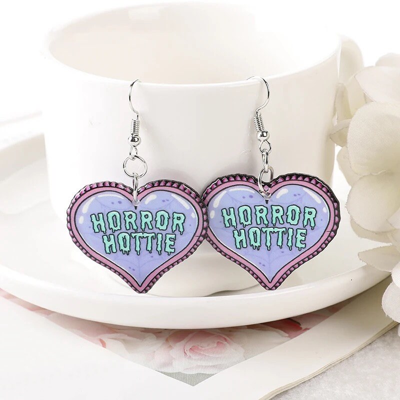 SPOOKY GAL / Dangle Statement Earrings / Melty Hearts / Spooky Halloween Horror Hottie / Cute Pink / Unique Fun Punk / Bff Gift Scary Blood