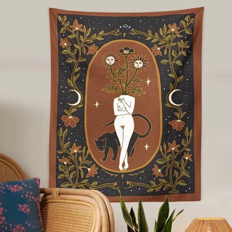 GIRL + PANTHER TAPESTRY / Wall Hanging / Naked Woman / Room Decor / Flowers / Aesthetic Art / Crescent Moon / Starry Sky / Floral / Gypsy