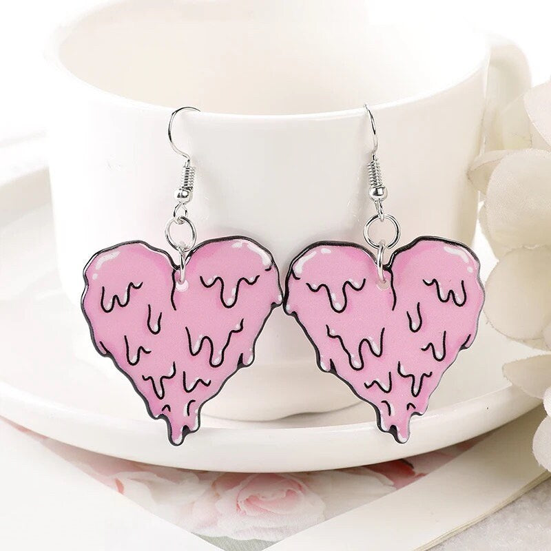 SPOOKY GAL / Dangle Statement Earrings / Melty Hearts / Spooky Halloween Horror Hottie / Cute Pink / Unique Fun Punk / Bff Gift Scary Blood