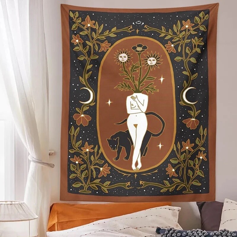 GIRL + PANTHER TAPESTRY / Wall Hanging / Naked Woman / Room Decor / Flowers / Aesthetic Art / Crescent Moon / Starry Sky / Floral / Gypsy