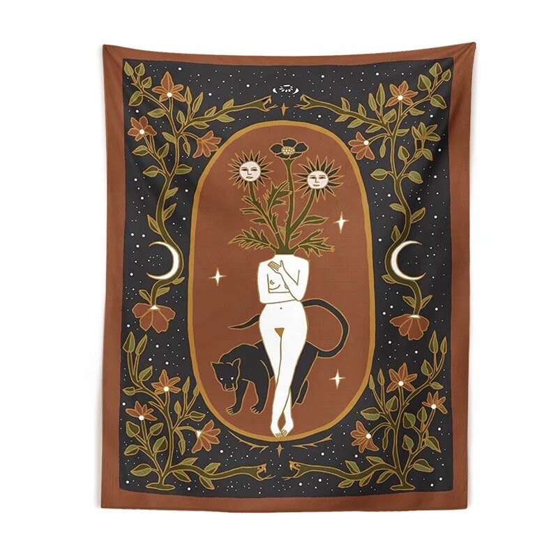 GIRL + PANTHER TAPESTRY / Wall Hanging / Naked Woman / Room Decor / Flowers / Aesthetic Art / Crescent Moon / Starry Sky / Floral / Gypsy