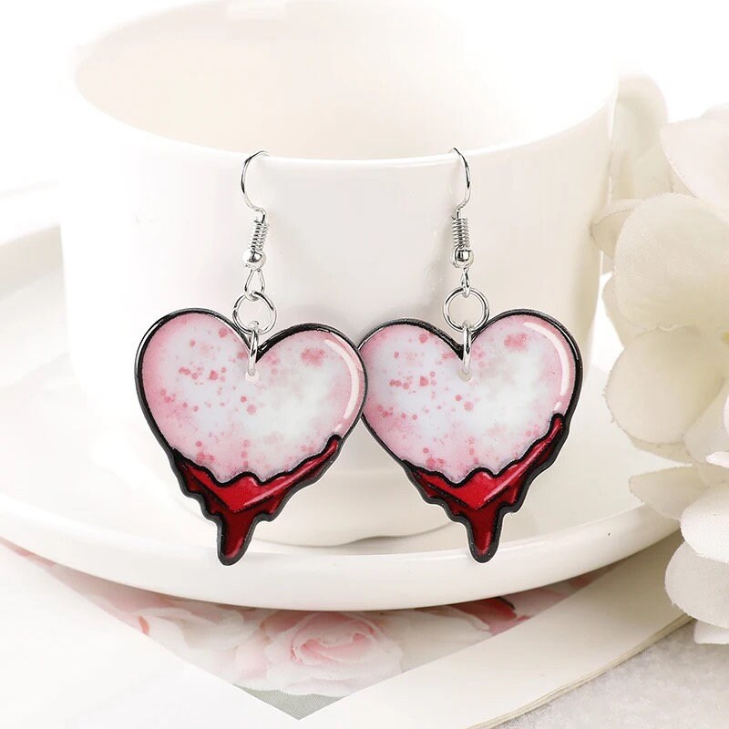 SPOOKY GAL / Dangle Statement Earrings / Melty Hearts / Spooky Halloween Horror Hottie / Cute Pink / Unique Fun Punk / Bff Gift Scary Blood