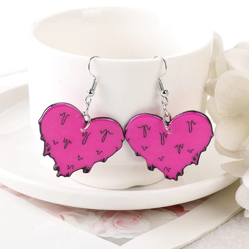 SPOOKY GAL / Dangle Statement Earrings / Melty Hearts / Spooky Halloween Horror Hottie / Cute Pink / Unique Fun Punk / Bff Gift Scary Blood