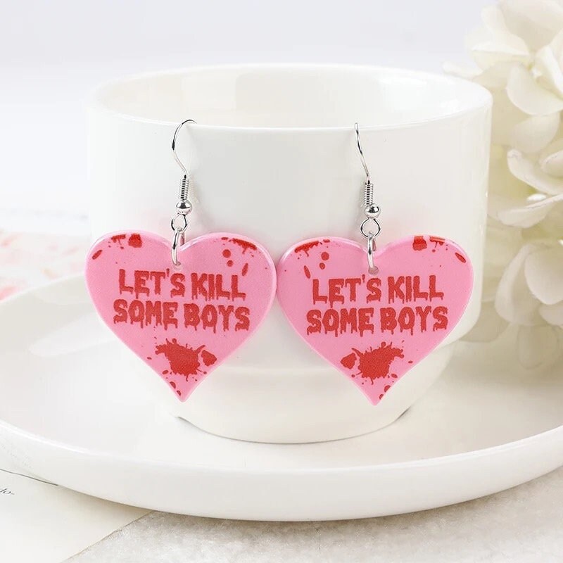 BOY KILLER / Dangle Statement Earrings / Jennifer’s Body Cute Pink Hearts Punk / Spooky Halloween Unique Fun / Gift Pink Scary Horror Blood