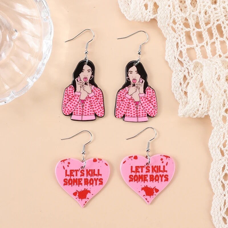 BOY KILLER / Dangle Statement Earrings / Jennifer’s Body Cute Pink Hearts Punk / Spooky Halloween Unique Fun / Gift Pink Scary Horror Blood