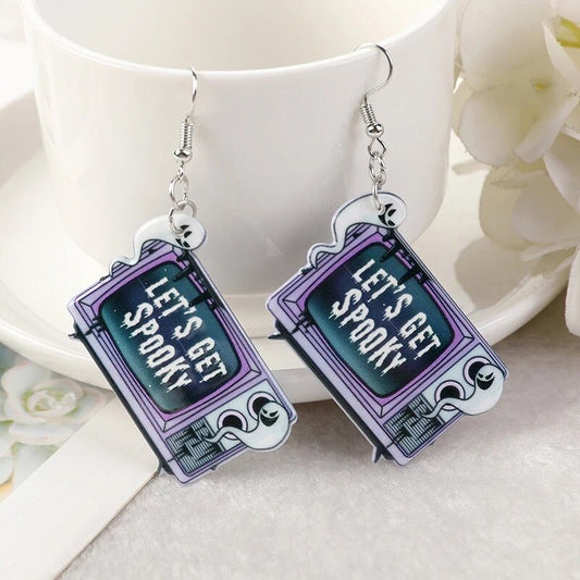 LETS GET SPOOKY / Dangle Statement Earrings / Retro VHS Tape / TV / Fright Night / Cute Punk / Halloween Gift / Funky Unique Fun / Acrylic