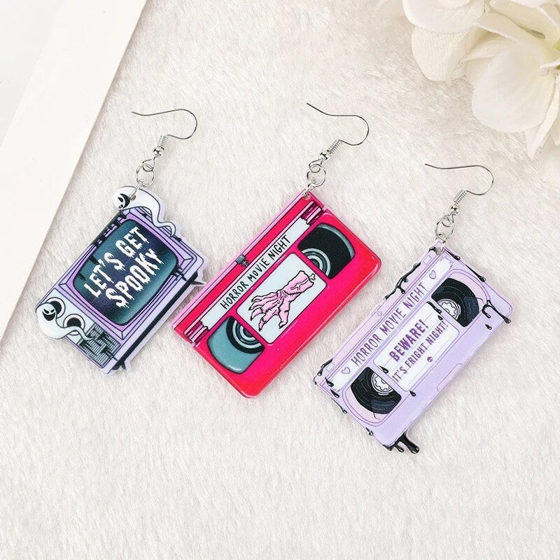 LETS GET SPOOKY / Dangle Statement Earrings / Retro VHS Tape / TV / Fright Night / Cute Punk / Halloween Gift / Funky Unique Fun / Acrylic