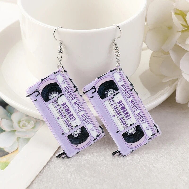 LETS GET SPOOKY / Dangle Statement Earrings / Retro VHS Tape / TV / Fright Night / Cute Punk / Halloween Gift / Funky Unique Fun / Acrylic