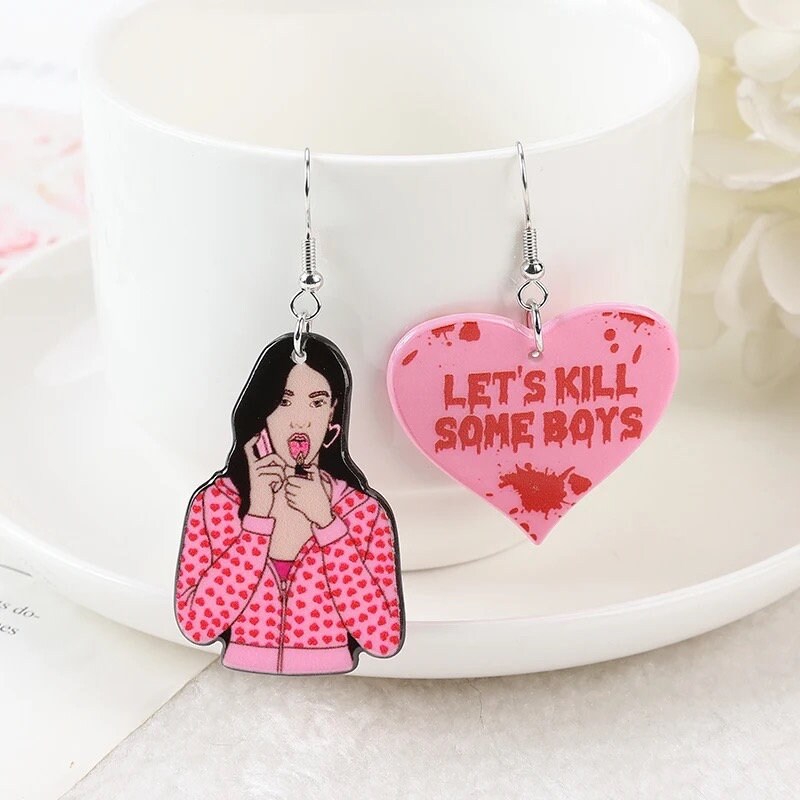 BOY KILLER / Dangle Statement Earrings / Jennifer’s Body Cute Pink Hearts Punk / Spooky Halloween Unique Fun / Gift Pink Scary Horror Blood