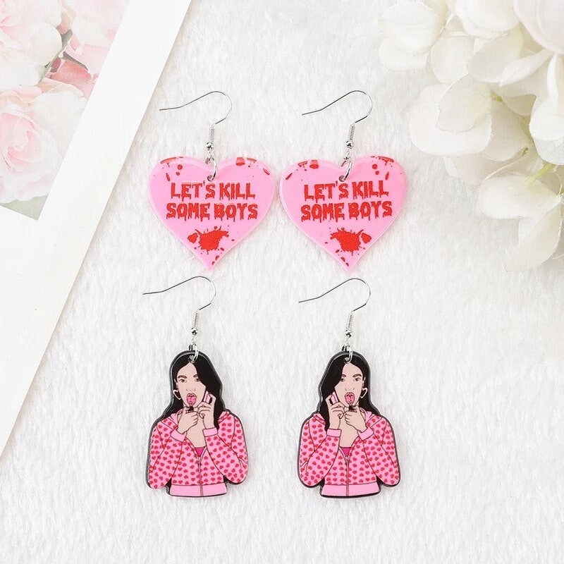 BOY KILLER / Dangle Statement Earrings / Jennifer’s Body Cute Pink Hearts Punk / Spooky Halloween Unique Fun / Gift Pink Scary Horror Blood