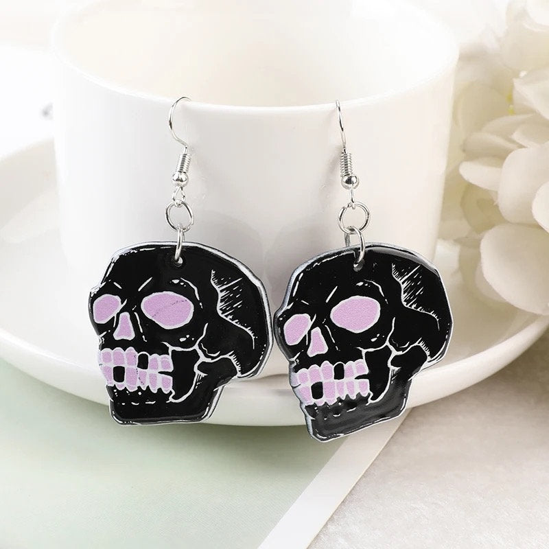 SPOOKY SZN / Dangle Statement Earrings / Bats / Black Cat / Spooky Halloween Skulls / Poison / Witch / Unique Fun Punk Gift / Pink Crystals