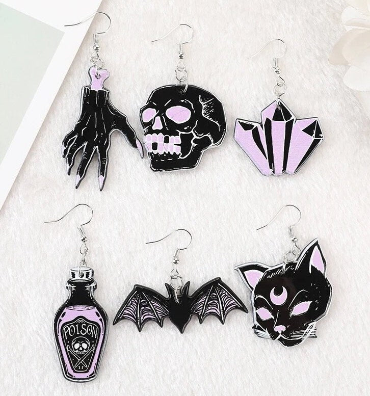 SPOOKY SZN / Dangle Statement Earrings / Bats / Black Cat / Spooky Halloween Skulls / Poison / Witch / Unique Fun Punk Gift / Pink Crystals