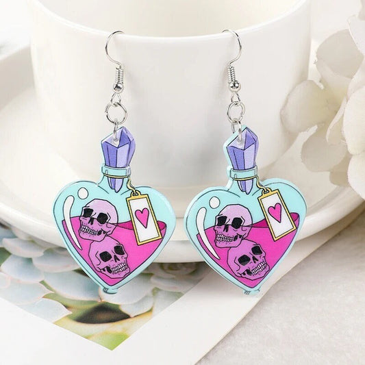 LOVE SKULLS / Dangle Statement Earrings / Cute Punk Hearts Rocker / Spooky Halloween / Funky Unique Fun / Bomb / Acrylic / Lovers Gift Pink