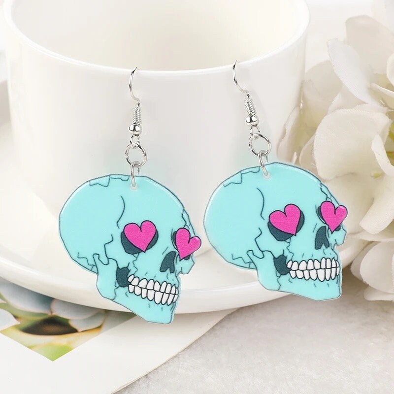 LOVE SKULLS / Dangle Statement Earrings / Cute Punk Hearts Rocker / Spooky Halloween / Funky Unique Fun / Bomb / Acrylic / Lovers Gift Pink