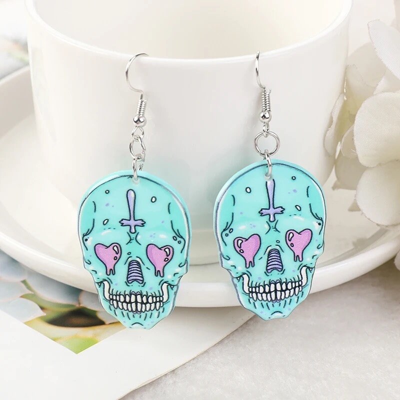 LOVE SKULLS / Dangle Statement Earrings / Cute Punk Hearts Rocker / Spooky Halloween / Funky Unique Fun / Bomb / Acrylic / Lovers Gift Pink