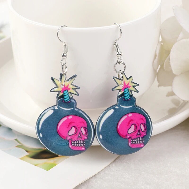 LOVE SKULLS / Dangle Statement Earrings / Cute Punk Hearts Rocker / Spooky Halloween / Funky Unique Fun / Bomb / Acrylic / Lovers Gift Pink