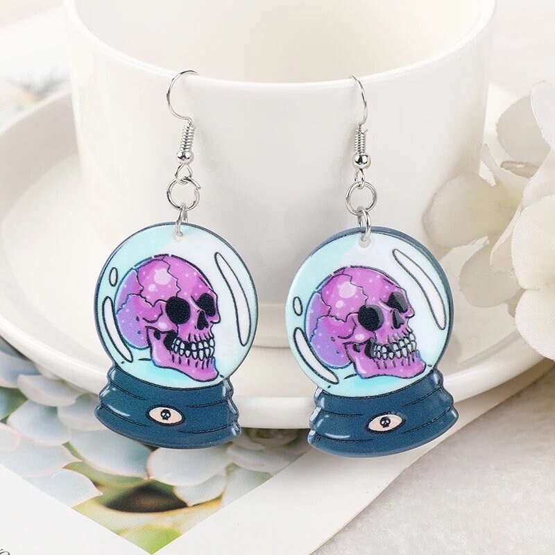 LOVE SKULLS / Dangle Statement Earrings / Cute Punk Hearts Rocker / Spooky Halloween / Funky Unique Fun / Bomb / Acrylic / Lovers Gift Pink